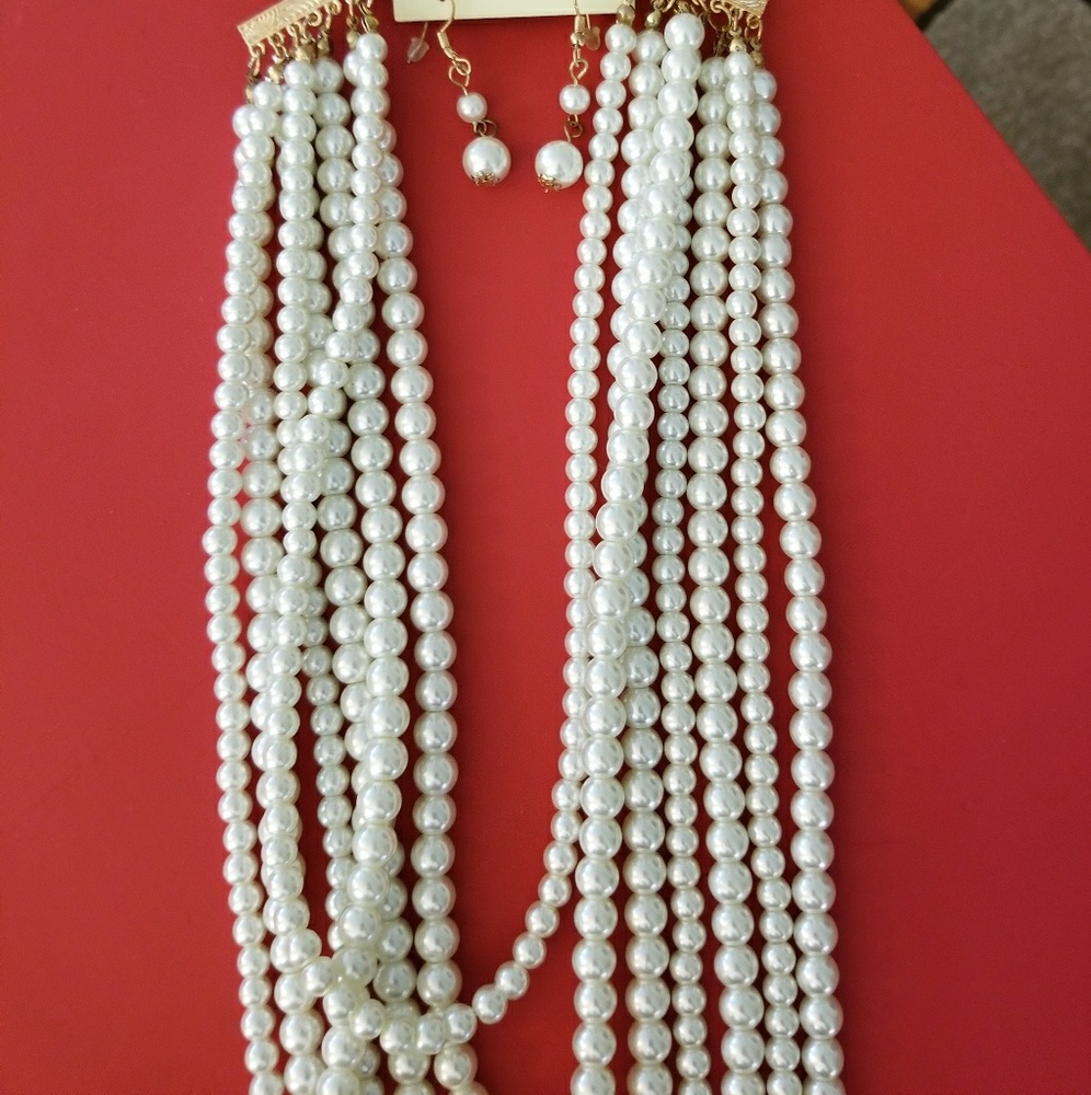 Multi strand pearl necklace and earring set